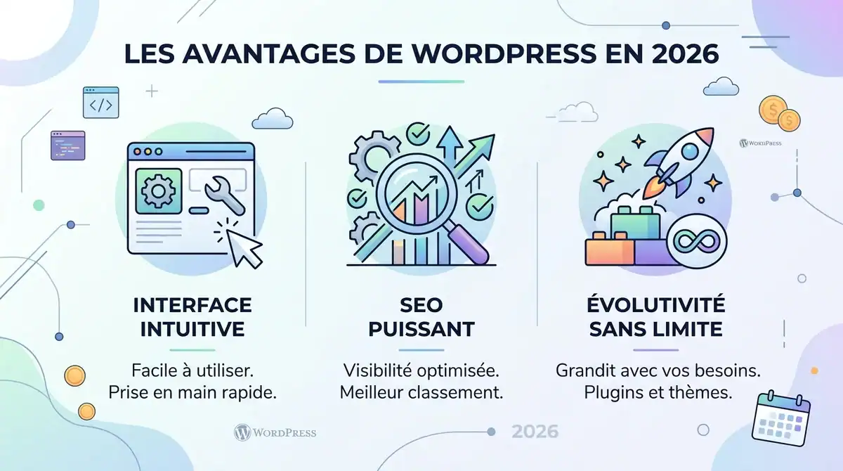 Infographie avantages WordPress 2026 : interface intuitive, SEO puissant et évolutivité pour site internet.