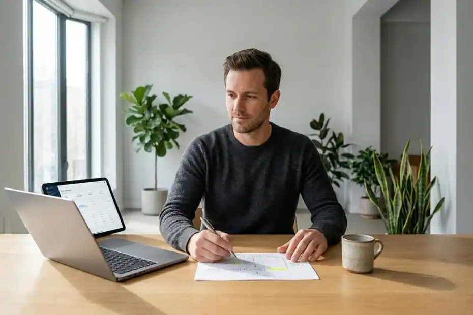 Entrepreneur concentré dans un bureau moderne et lumineux travaillant sur le choix de son statut juridique d'entreprise.