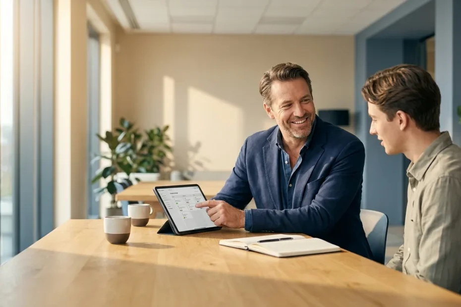 Manager souriant expliquant une tâche à son collaborateur dans un bureau moderne pour déléguer efficacement au travail