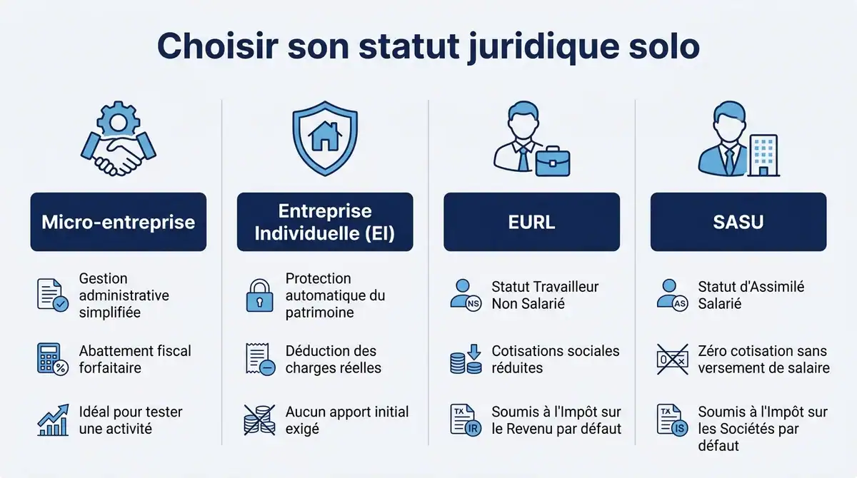 Infographie comparative des statuts juridiques solo : Micro-entreprise, EI, EURL et SASU pour bien choisir.