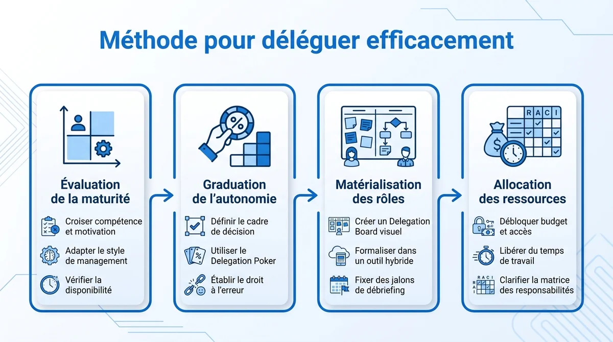 Infographie expliquant la méthode complète pour déléguer efficacement au travail en 4 étapes clés.