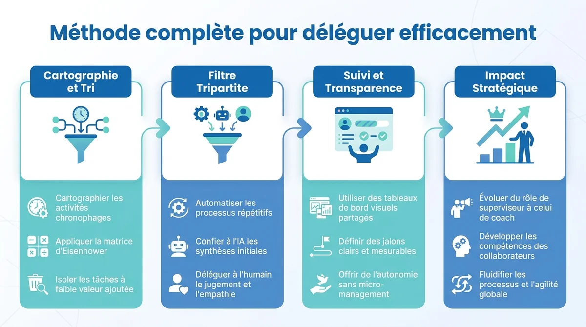 Infographie expliquant la méthode complète de délégation efficace pour les managers au travail.