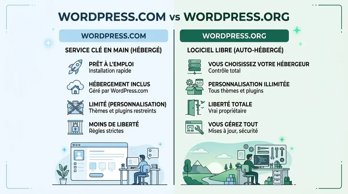 Infographie comparative WordPress.com vs WordPress.org : hébergement limité contre liberté totale de création web.
