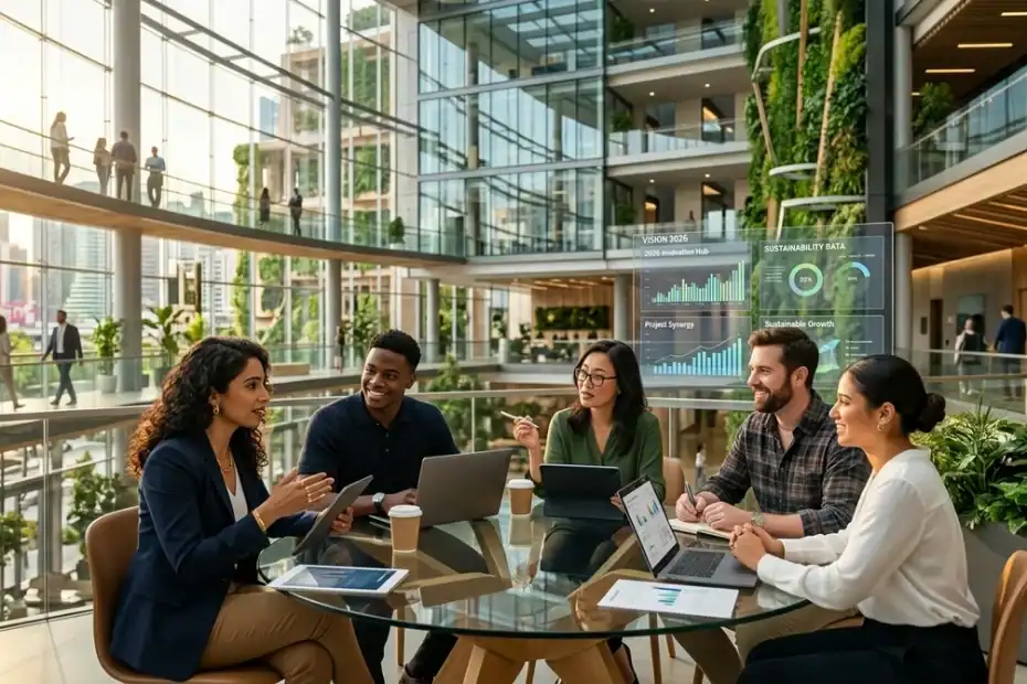 Collaboration de professionnels dans un bureau innovant et écologique, pilier de la marque employeur en 2026.