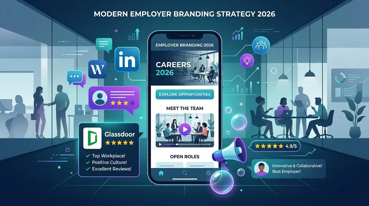 Illustration d'une stratégie de marque employeur 2026 avec site carrière mobile, réseaux sociaux et e-réputation.