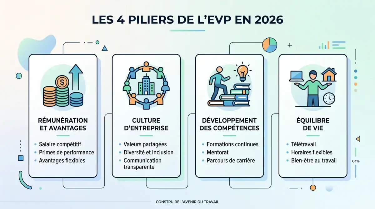 Infographie des 4 piliers de la marque employeur en 2026 : rémunération, culture, compétences et équilibre de vie.