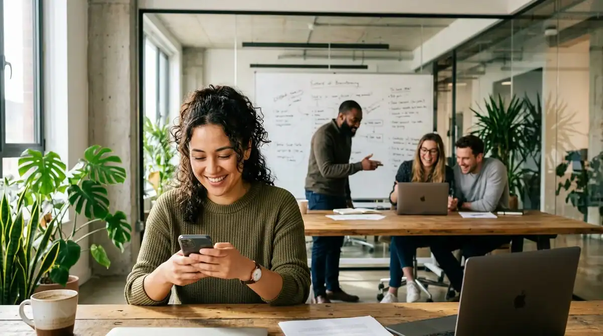 Employée souriante au bureau moderne, pilier de la stratégie de marque employeur authentique en 2026.