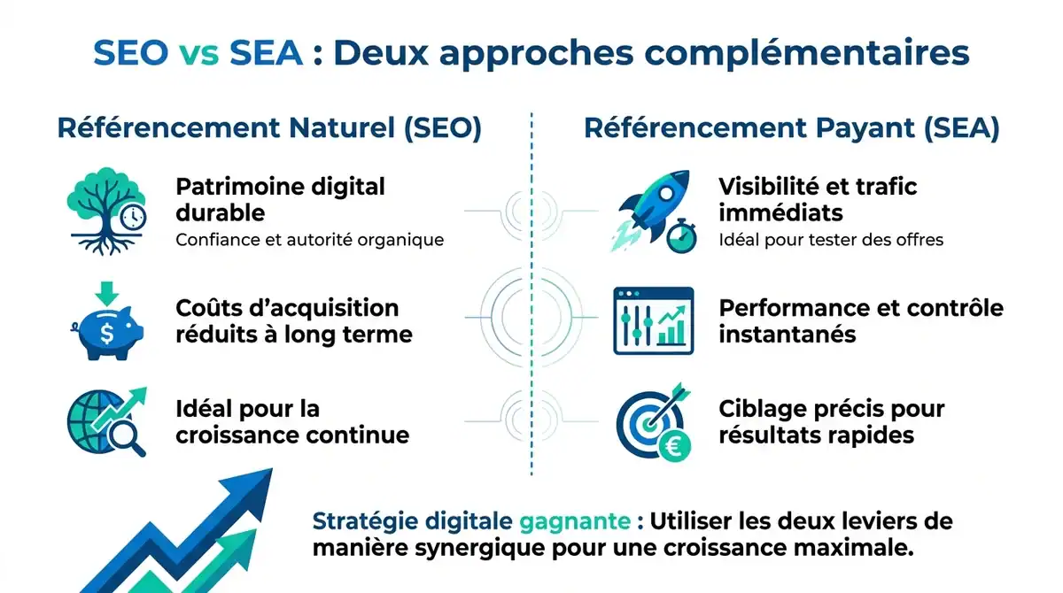 Infographie comparative entre le SEO et le SEA pour optimiser sa stratégie de visibilité web.