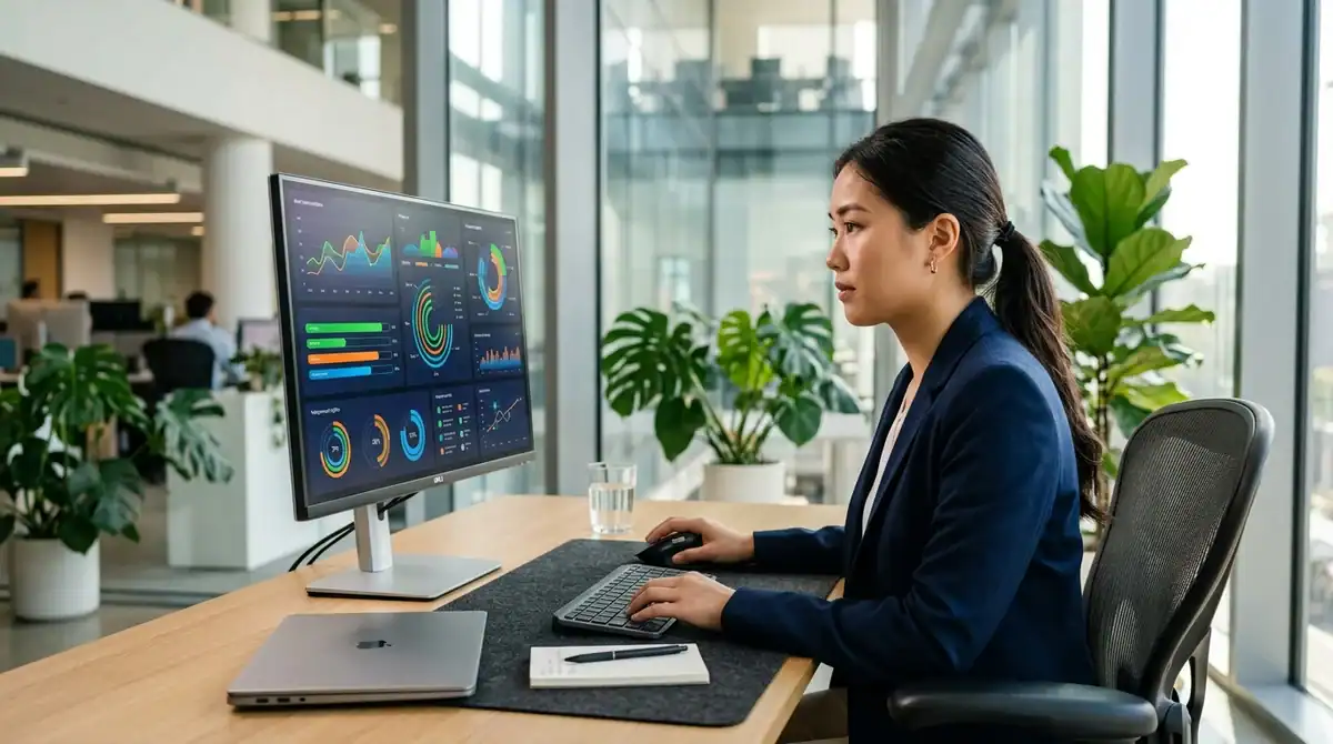 Professionnel concentré passant une évaluation de ses compétences numériques sur un écran dans un bureau moderne.