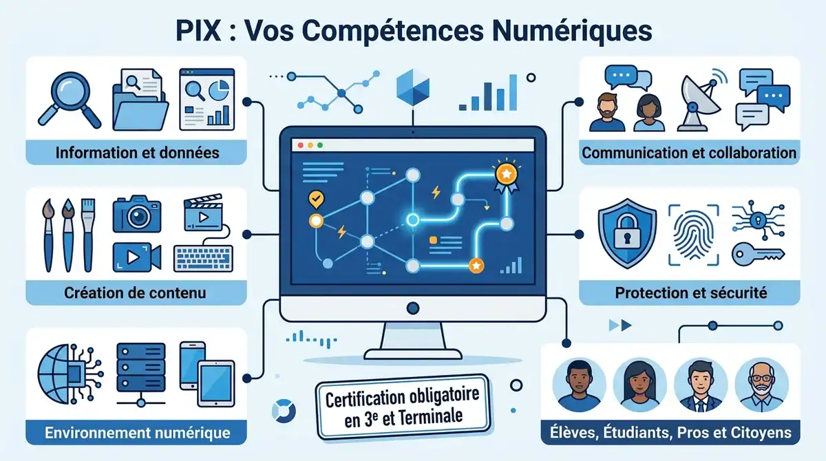 Infographie PIX détaillant les modules de compétences numériques et la certification pour élèves, étudiants et pros.