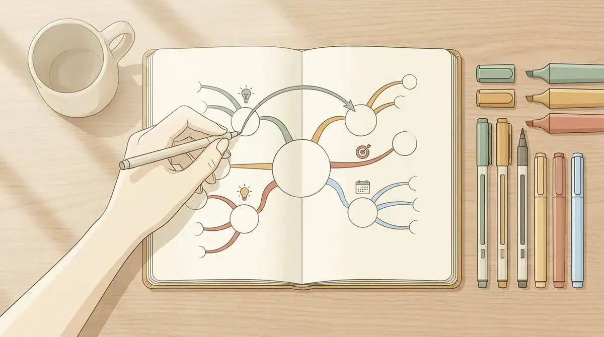 Vue aérienne d'un bureau organisé avec carnet pour la méthode de mind mapping et dessin créatif au stylo.