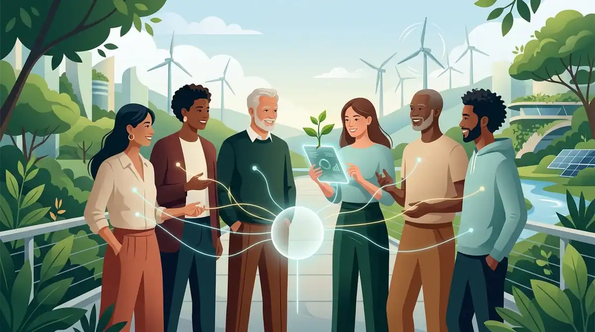 Illustration d'une stratégie marketing digital 2026 éthique, centrée sur l'humain et les technologies durables.