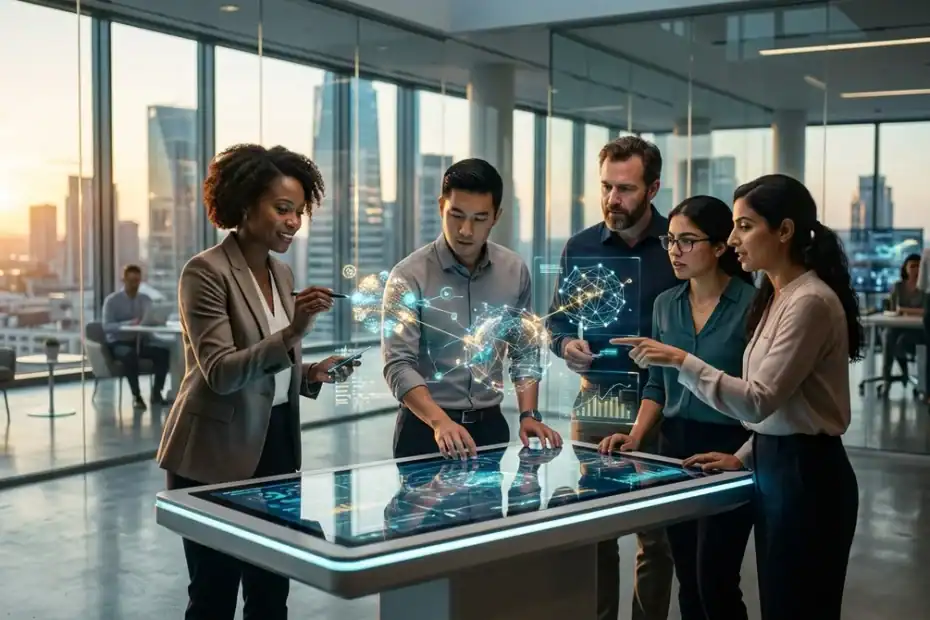 Équipe marketing digital 2026 analysant des données holographiques pour une stratégie innovante en entreprise.