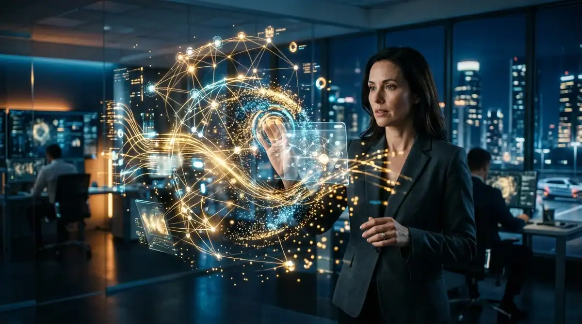 Expert analysant une interface holographique d'IA pour la stratégie de marketing digital prédictive en 2026.