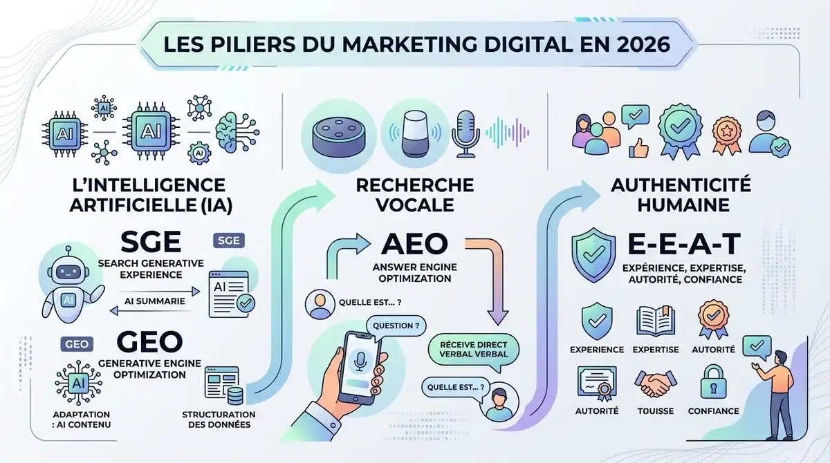 Infographie piliers marketing digital 2026 : SGE, GEO, AEO et score E-E-A-T pour une stratégie SEO IA et humaine.