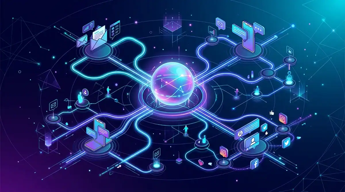 Illustration de l'IA pour l'email marketing 2026 et l'automatisation prédictive dans un écosystème digital.
