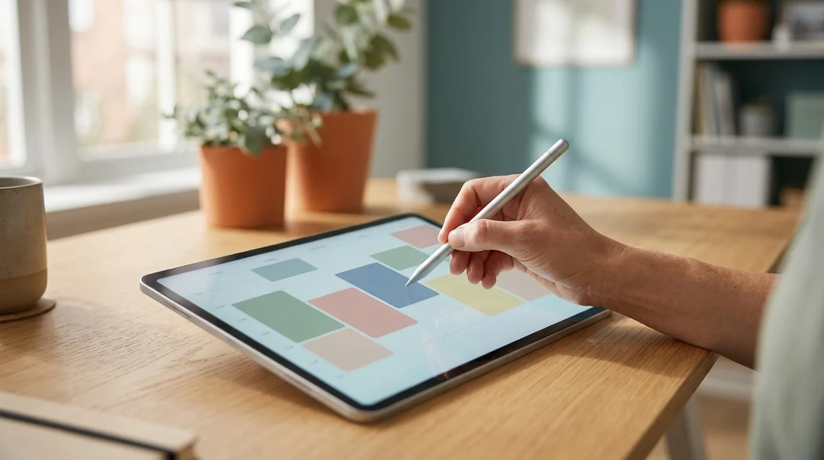 Main tenant un stylet sur une interface de time blocking pour organiser sa journée de travail avec sérénité