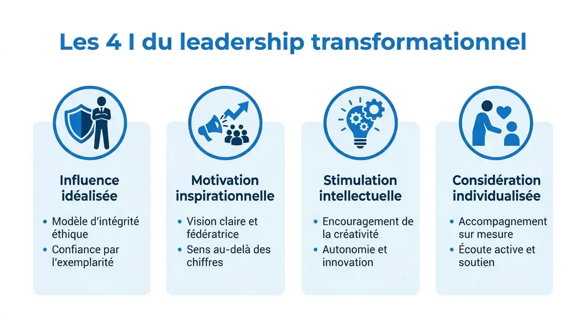 Infographie expliquant les 4 I du leadership transformationnel : influence, motivation, stimulation et consideration.