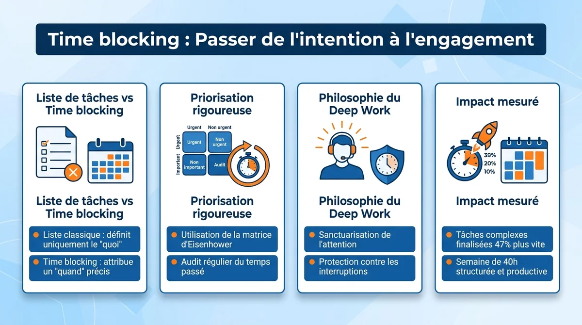 Infographie expliquant les principes du Time blocking et du Deep Work pour améliorer sa productivité.