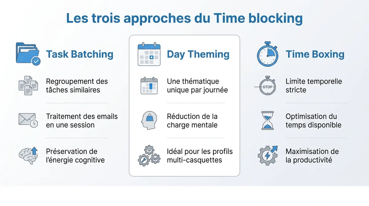 Infographie présentant les trois approches du Time blocking : Task Batching, Day Theming et Time Boxing.