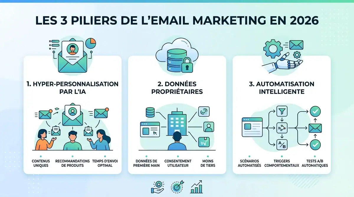 Infographie des 3 piliers de l'email marketing 2026 : IA, données propriétaires et automatisation intelligente.
