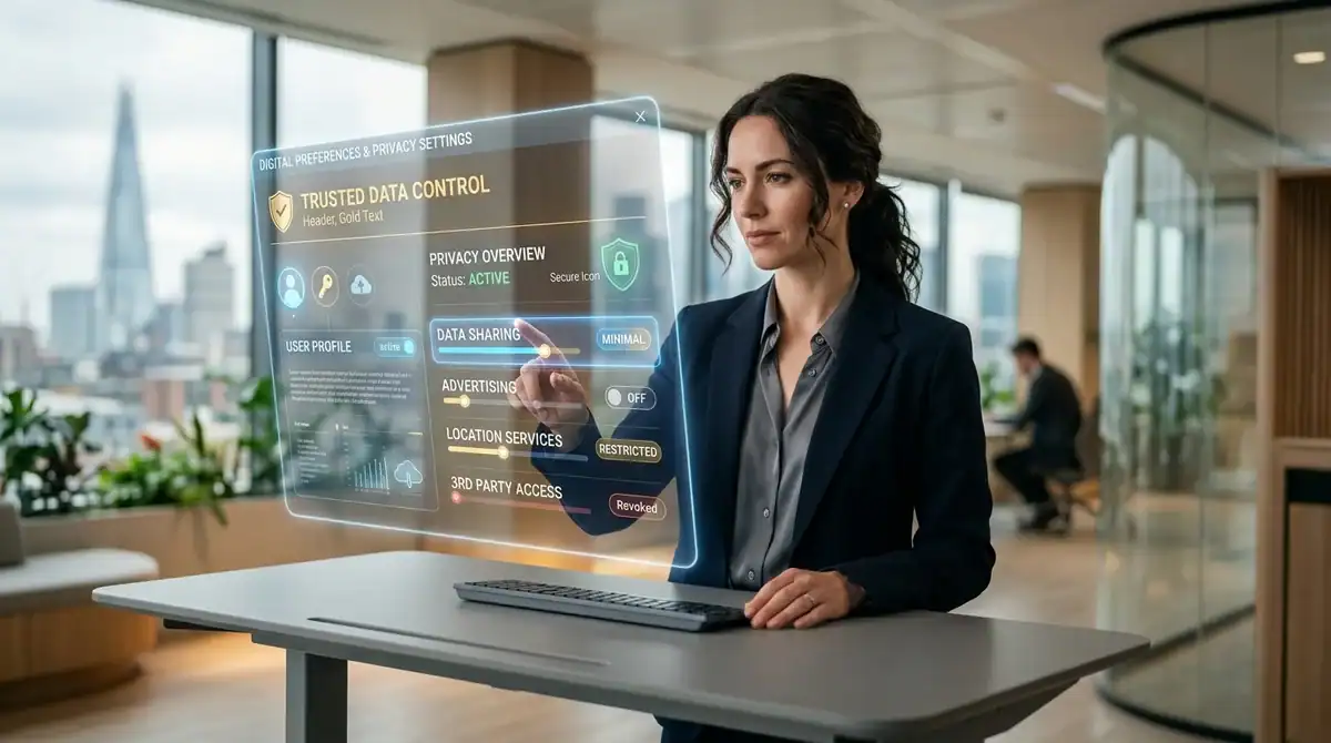 Femme utilisant une interface holographique pour sa stratégie d'email marketing 2026 et la gestion des données.