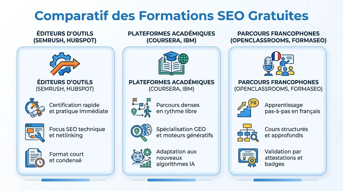 Infographie comparative des meilleures formations SEO gratuites : Semrush, HubSpot, Coursera et OpenClassrooms.