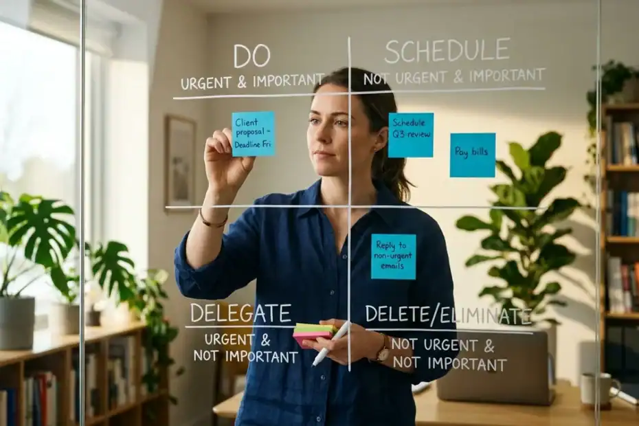 Professionnel organisant ses tâches avec la matrice Eisenhower pour une meilleure gestion des priorités en bureau.