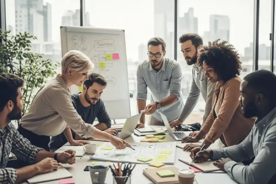 Équipe de collaborateurs diversifiée travaillant autour d'une table dans un bureau moderne et lumineux, symbolisant la motivation et la cohésion