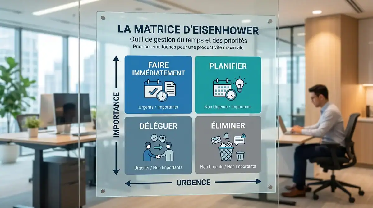 Infographie de la matrice Eisenhower pour la gestion des priorités : importance, urgence et productivité au bureau.