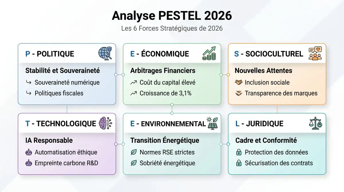 Infographie de l'analyse PESTEL présentant les 6 forces stratégiques pour les entreprises en 2026.