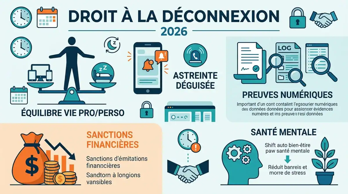 Infographie sur le droit à la déconnexion : cadre légal, sanctions financières et santé mentale en 2026.