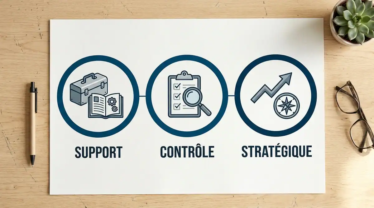 Infographie présentant les trois modèles de PMO : Support, Contrôle et Stratégique pour la gestion de projet.