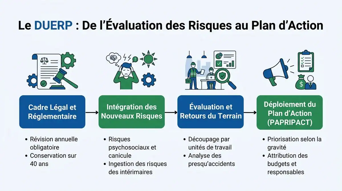 Infographie expliquant la démarche du DUERP et le plan d'action de prévention des risques professionnels.
