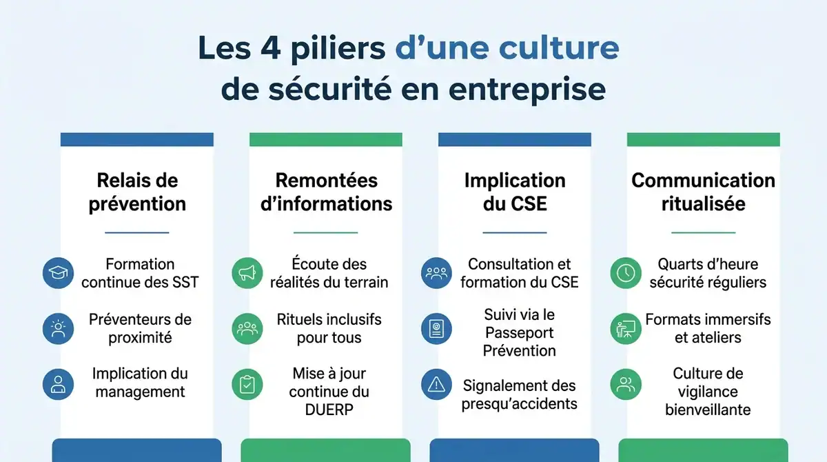 Infographie présentant les 4 piliers pour améliorer la sécurité et la prévention des risques en entreprise.