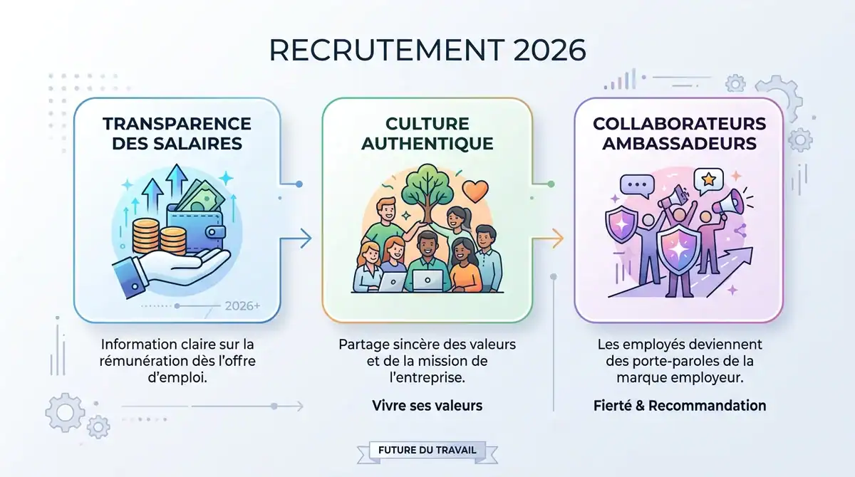 Infographie recrutement 2026 : transparence des salaires, culture authentique et collaborateurs ambassadeurs.