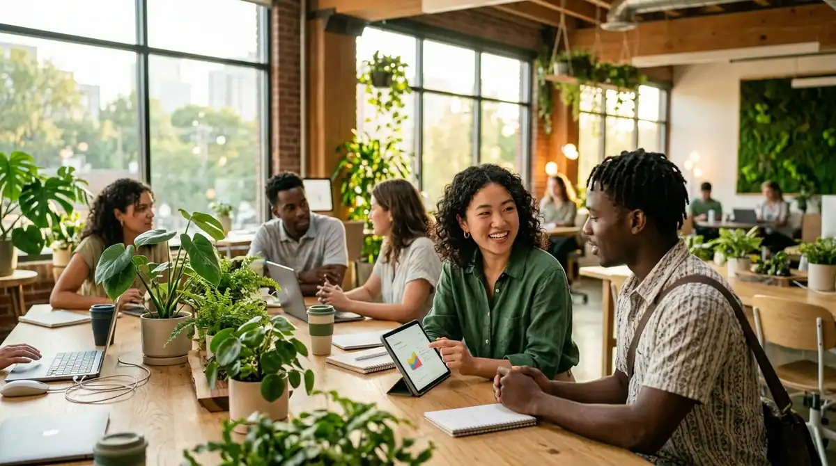 Jeunes talents Gen Z collaborant dans un bureau moderne et écologique pour le recrutement de la rentrée 2026.