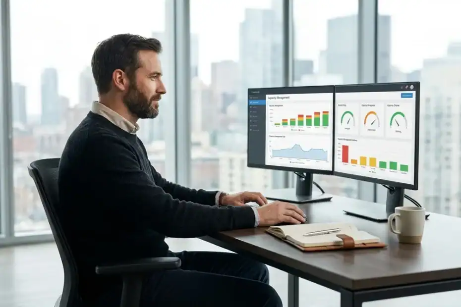 Project manager in a modern office working on capacity planning and resource management strategy on dual screens.