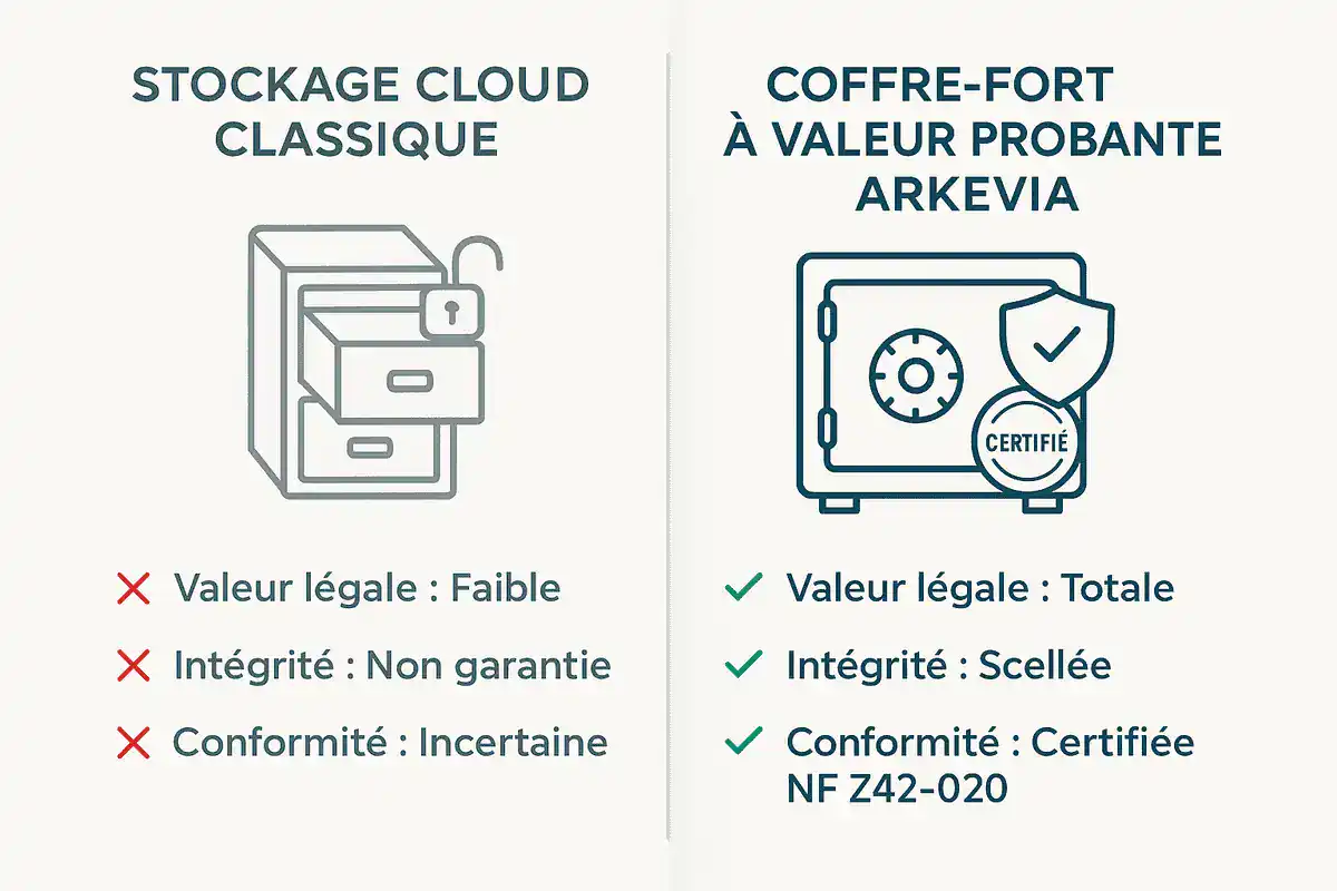 Infographie comparant le stockage cloud classique à un coffre-fort numérique à valeur probante comme Arkevia, mettant en avant la sécurité et la conformité légale.