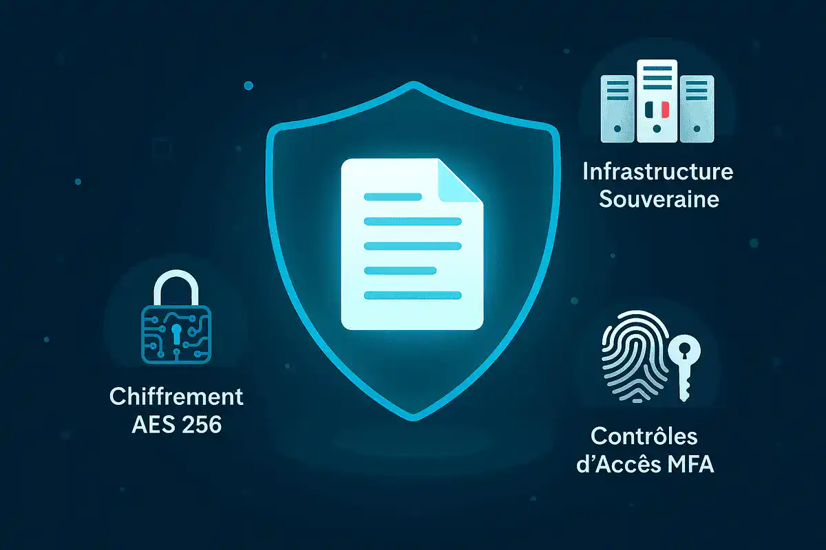 Illustration des trois piliers de la sécurité Arkevia : chiffrement des données, infrastructure souveraine en France, et authentification multifacteur.