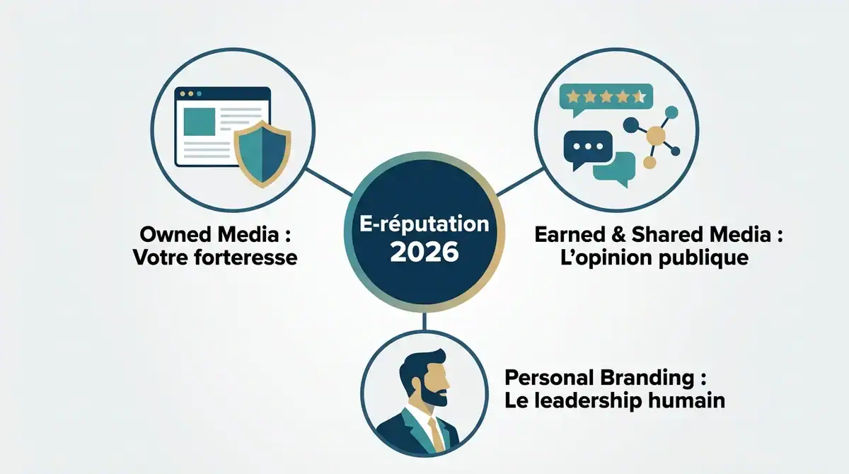 Infographie e-réputation 2026 : owned media, earned media et personal branding pour l'image de marque.