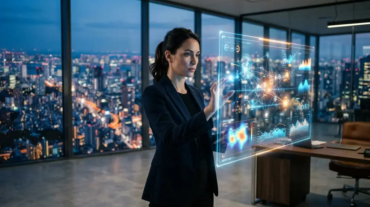 Stratégie d'e-réputation 2026 : experte analysant l'image de marque sur un tableau de bord holographique futuriste.