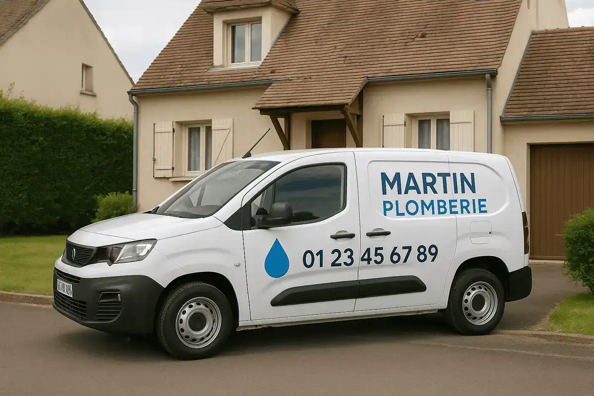 Utilitaire d'un artisan plombier avec un marquage professionnel, garé devant la maison d'un client.