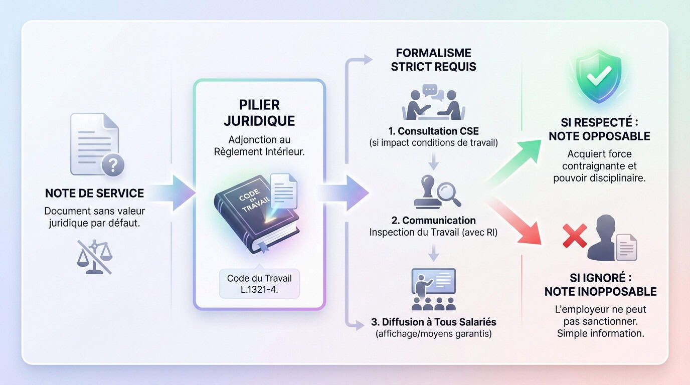 Schéma explicatif du processus de validation juridique d'une note de service et son lien avec le règlement intérieur