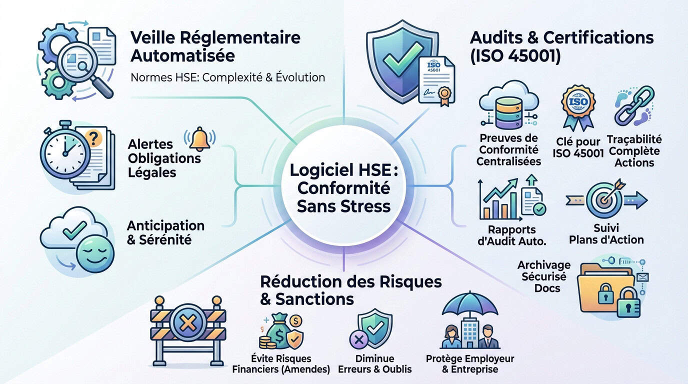 Interface de logiciel HSE facilitant la conformité réglementaire et la gestion des risques en entreprise