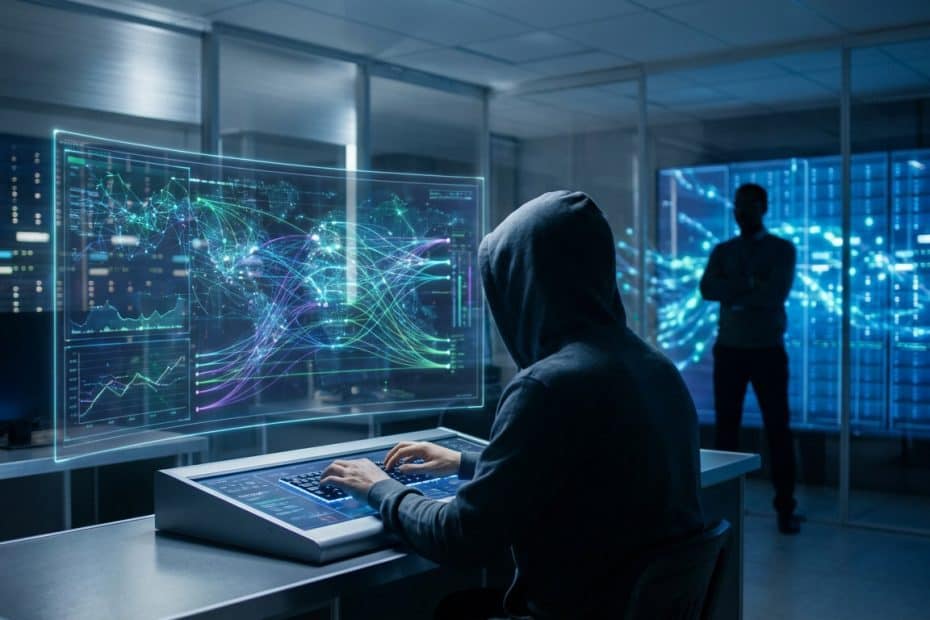 A person in a hoodie intensely monitors a glowing holographic network display, with another figure observing in a futuristic server room.