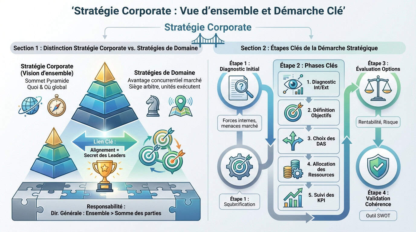 Schéma explicatif des piliers et des étapes de la stratégie corporate en entreprise