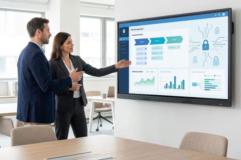 Deux professionnels RH présentent le tableau de bord d'un logiciel de gestion des ressources humaines sur écran interactif.