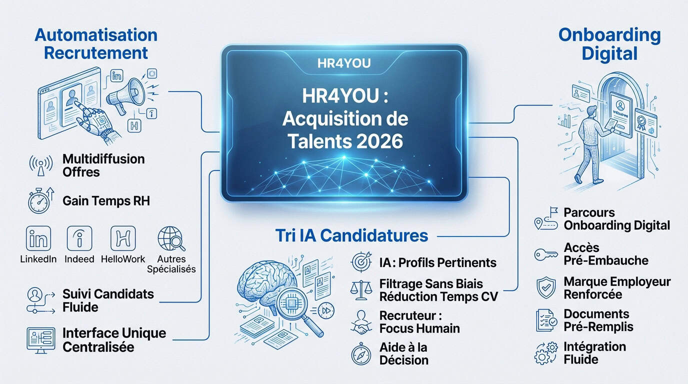 Infographie sur l'acquisition de talents avec le logiciel HR4YOU en 2026