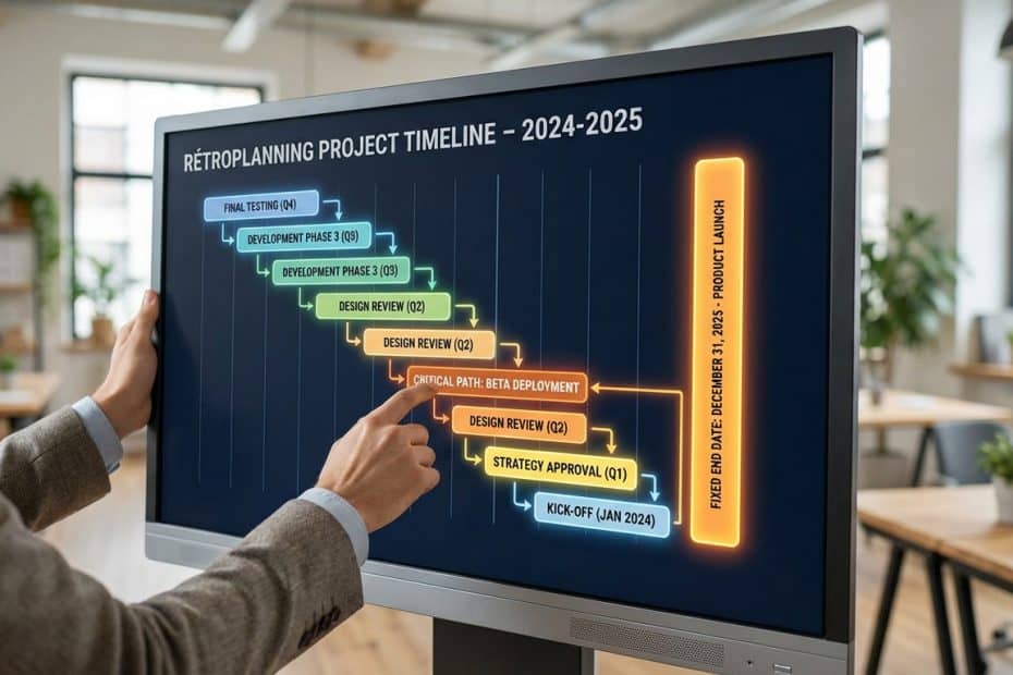 Personne montrant un écran affichant un rétroplanning de projet (2024-2025) avec les étapes, le chemin critique et la date de lancement.